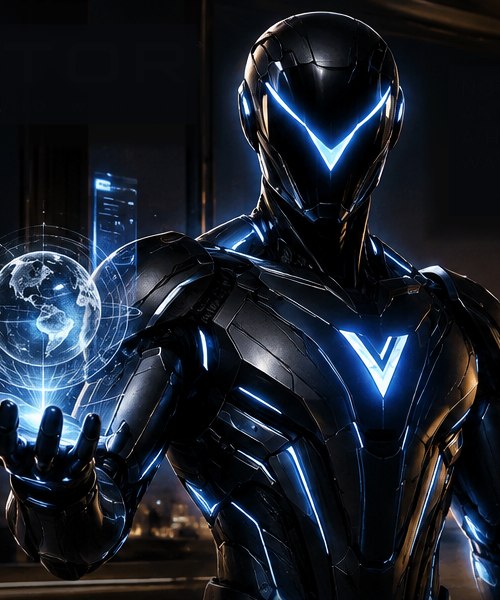 Vector, an armored figure with a glowing V, holding a holographic globe